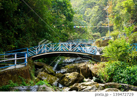 Scenic Blue Bridge Over Cascading Waterfall at the Rock Garden in Darjeeling India 139472729