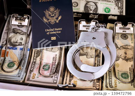 American passport, handcuffs on stacks of dollar cash in banknotes drawer inside police office during legal inquiry. 139472796