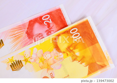 Currency new Israeli shekel banknotes with distinct designs denominations placed 139473002
