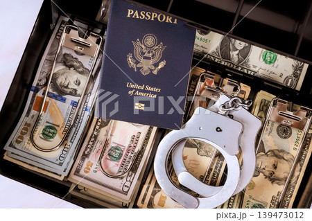 USA passport lies open next to handcuffs, bundles of dollar cash inside box during law enforcement operation. USA passport lies open next to handcuffs, bundles of dollar cash inside box during law enforcement operation. 139473012