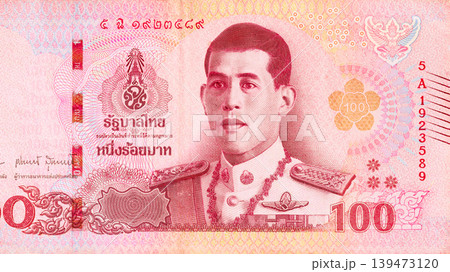 Official Thai currency 100 baht cash denomination paper money produced by Bank of Thailand front view Official Thai currency 100 baht cash denomination paper money produced by Bank of Thailand front view 139473120