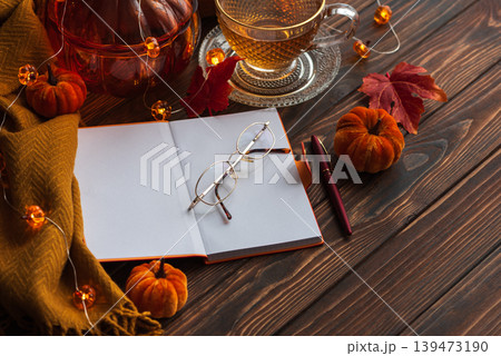 Autumn flat lay with warm tea, notebook, and fall decorations Autumn flat lay with warm tea, notebook, and fall decorations 139473190