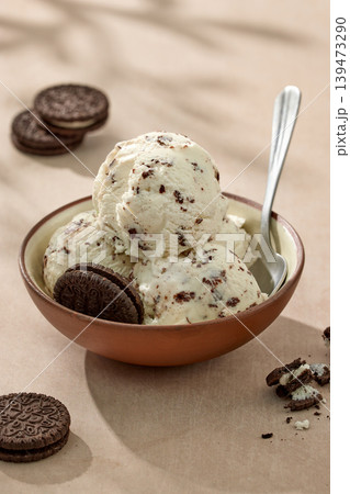 Stracciatella gelato with chocolate cookies on sunny table Stracciatella gelato with chocolate cookies on sunny table 139473290