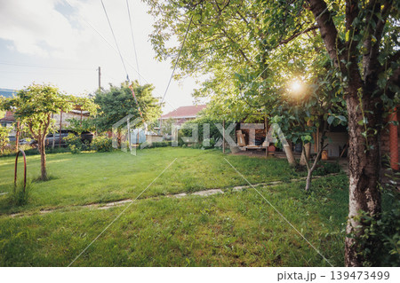 Sunlit Backyard With Lone Oak Tree, Expansive Green Lawn With Stone Pathway Leading To Small Cottage, Golden Hour Glow Filtering Through Leaves, Scattered Trees And Trimmed Grass, Peaceful Sunlit Backyard With Lone Oak Tree, Expansive Green Lawn With Stone Pathway Leading To Small Cottage, Golden Hour Glow Filtering Through Leaves, Scattered Trees And Trimmed Grass, Peaceful 139473499