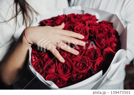 Hand Holding Flower. Closeup Of Hand Holding Blooming Rose Bouquet. Intimate Photograph Capturing Hand With Floral Arrangement And Shimmering Ring In Bustling Street Background Hand Holding Flower. Closeup Of Hand Holding Blooming Rose Bouquet. Intimate Photograph Capturing Hand With Floral Arrangement And Shimmering Ring In Bustling Street Background 139473501