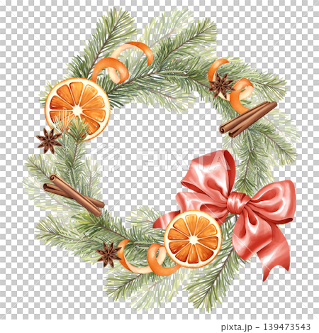 Hand drawn illustration of a festive round wreath with pine branches, dried orange slices, star anise, cinnamon, and red silk bow. Isolated on white background. Botanical winter border for holiday Hand drawn illustration of a festive round wreath with pine branches, dried orange slices, star anise, cinnamon, and red silk bow. Isolated on white background. Botanical winter border for holiday 139473543
