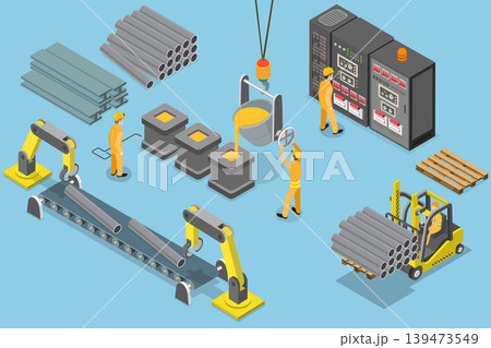 3D Isometric Flat Vector Illustration of Steel Industry, Steelworks With Mining, Smelting, And Hot Steel Pouring 3D Isometric Flat Vector Illustration of Steel Industry, Steelworks With Mining, Smelting, And Hot Steel Pouring 139473549