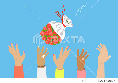 3D Isometric Flat Vector Illustration of Bridal Bouquet Toss, Bridesmaids Catch Bridal Bouquet In Wedding Ceremony Tradition. 139473637