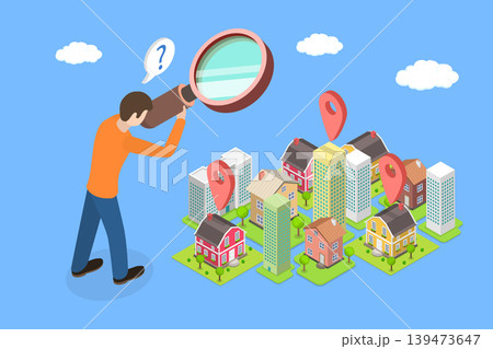 3D Isometric Flat Vector Illustration of Real Estate Search, Man Using Magnifying Glass To Select Building For Business Purposes. 139473647