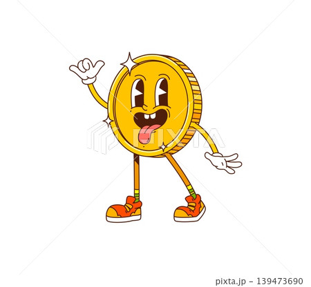 Cartoon groovy casino golden coin character. Shiny personage with playful expression, dancing in orange sneakers and sticking out its tongue. Funky vector coin for quirky slot game mascot Cartoon groovy casino golden coin character. Shiny personage with playful expression, dancing in orange sneakers and sticking out its tongue. Funky vector coin for quirky slot game mascot 139473690