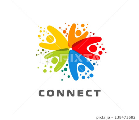 Human community icon, family symbol and people union emblem, vector badge. Human community icon of people in color splash abstract shapes with happy hands up connect for team or teamwork unity 139473692