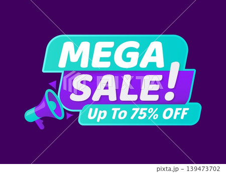 Store mega sale promo tag or discount banner. Product price off sticker, shop deal offer vector tag. Seasonal sale icon or label with speak cloud shape, turquoise and purple color background Store mega sale promo tag or discount banner. Product price off sticker, shop deal offer vector tag. Seasonal sale icon or label with speak cloud shape, turquoise and purple color background 139473702