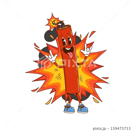 Cartoon groovy dynamite character with fire flames explosion and funny face, vector icon. Groovy petard firecracker or dynamite and TNT explosive character smiling or laughing in explode burst of fire Cartoon groovy dynamite character with fire flames explosion and funny face, vector icon. Groovy petard firecracker or dynamite and TNT explosive character smiling or laughing in explode burst of fire 139473713