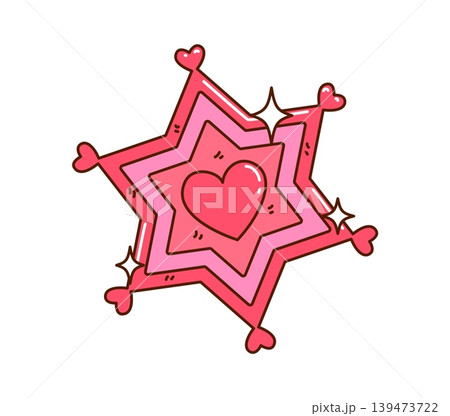 Cowgirl groovy pink sheriff star badge or vintage girly cowboy disco icon, cartoon vector. Wild West officer badge with pink hearts ornament for Western cowgirl sheriff or cowboy girl t shirt print 139473722