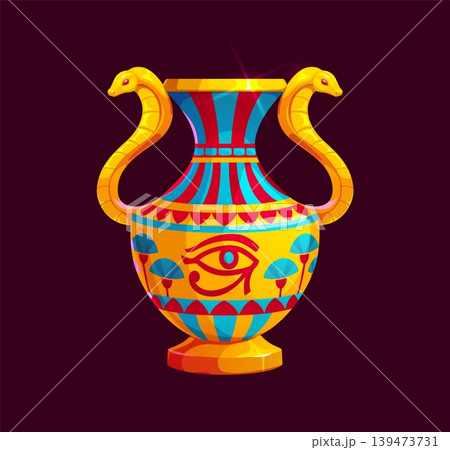 Ancient Egypt game icon, Egyptian pharaoh temple treasure. Shiny golden amphora with two serpent handles and traditional hieroglyphic patterns including the Eye of Horus. Vector icon for education Ancient Egypt game icon, Egyptian pharaoh temple treasure. Shiny golden amphora with two serpent handles and traditional hieroglyphic patterns including the Eye of Horus. Vector icon for education 139473731
