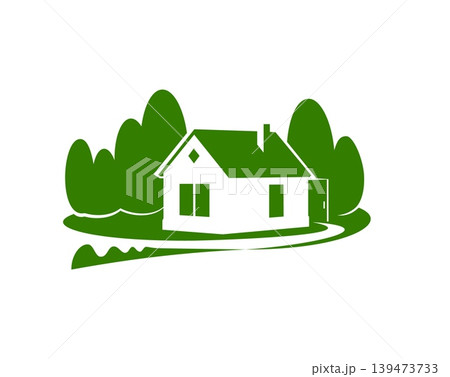 Country cottage icon, eco house or bungalow. Vector emblem with peaceful rural scene, green silhouette of a residential countryside home, surrounded by trees and a field, with flowing landscape lines Country cottage icon, eco house or bungalow. Vector emblem with peaceful rural scene, green silhouette of a residential countryside home, surrounded by trees and a field, with flowing landscape lines 139473733
