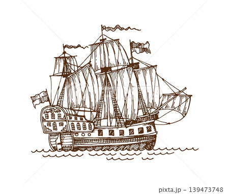 Vintage pirate wooden sail ship and sailboat, European galleon and warship. Majestic vintage sailing vessel featuring three towering masts with billowing sails. Engraved vector sail ship 139473748