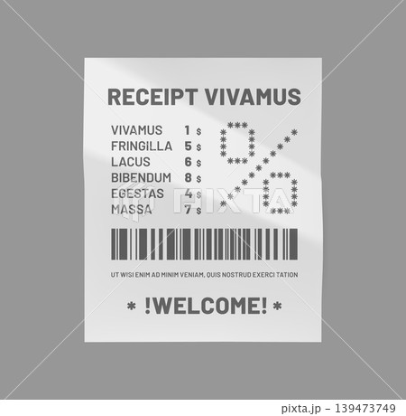 Paper cash receipt with barcode, purchase slip mockup, realistic isolated payment bill. Vector list with prices, discount symbol, barcode, and welcome message on crumpled paper texture for retail Paper cash receipt with barcode, purchase slip mockup, realistic isolated payment bill. Vector list with prices, discount symbol, barcode, and welcome message on crumpled paper texture for retail 139473749