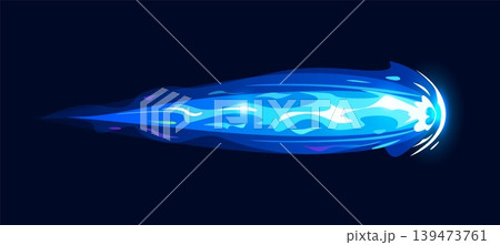 Gun fire effect with trail of flame for game comics and blue plasma clot, vector icon. Laser gun or blaster shot game VFX effect of cartoon energy or fire beam from ray gun with bullet fireball shot 139473761