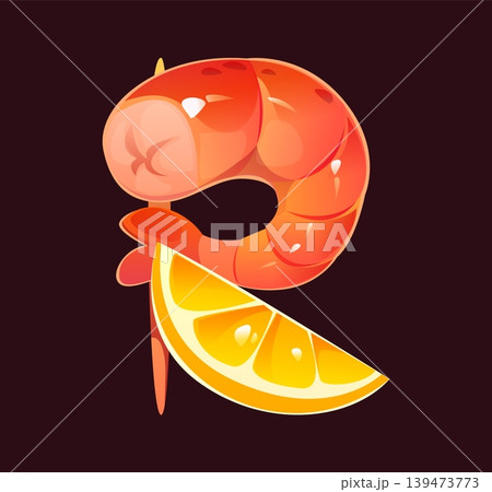Cartoon barbecue font, BBQ shrimp and lemon on skewer R letter typeface, ABC English type alphabet. Grill food vector typeset, barbeque alphabet letter. Shrimp and slice of lemon on skewer font type Cartoon barbecue font, BBQ shrimp and lemon on skewer R letter typeface, ABC English type alphabet. Grill food vector typeset, barbeque alphabet letter. Shrimp and slice of lemon on skewer font type 139473773