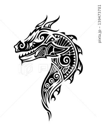 New Zealand Maori tribal dragon animal tattoo or sticker. New Zealand tribal black symbol, Maori culture warrior vector tattoo. Samoan tribe graphic print or ethnic motif dragon head animal sign 139473781