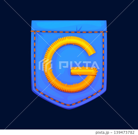 Cartoon patch font motley yellow letter G, patchwork typeface, ABC English clubber patch alphabet type. Textile typeset, font letter. Patch alphabet with blue shield shape, yellow thread seam 139473782