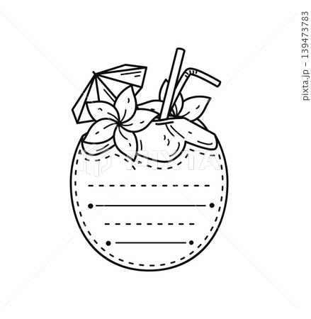 Fresh coconut fruit kids memo note template. Kids scrapbook ripe fruit vector sticker, child diary coconut drink frame. Day planner to do list, tropical resort fruit cocktail beverage memo note 139473783