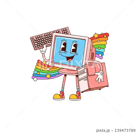 Cartoon retro groovy computer character with a monitor head, holding a system unit and keyboard. Vector hippie device, sporting orange sneakers and a big smile. Funky retro mascot for stickers Cartoon retro groovy computer character with a monitor head, holding a system unit and keyboard. Vector hippie device, sporting orange sneakers and a big smile. Funky retro mascot for stickers 139473789