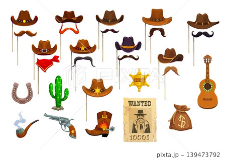 Western cowboy photo booth festive carnival masks and vector props with cowboy hats. Wild West photo booth mask of curled mustaches, sheriff star and cowboy bandana, cactus, horseshoe, and revolver Western cowboy photo booth festive carnival masks and vector props with cowboy hats. Wild West photo booth mask of curled mustaches, sheriff star and cowboy bandana, cactus, horseshoe, and revolver 139473792