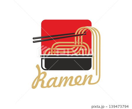 Asian ramen noodles bowl icon. Minimalist red symbol containing black bowl, golden curly noodles and traditional black chopsticks. Vector design for cafe, food court menus and Asian grocery stores Asian ramen noodles bowl icon. Minimalist red symbol containing black bowl, golden curly noodles and traditional black chopsticks. Vector design for cafe, food court menus and Asian grocery stores 139473794