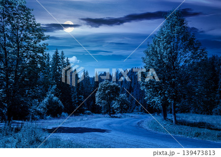 mysterious view of a country road in carpathian mountains for travel at night. road journey through forested countryside summer scenery. full moon over forest on the background hill. sky with clouds 139473813