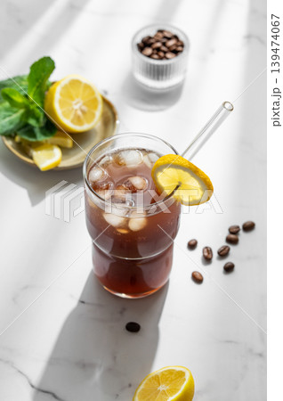 Cold Coffee Tonic Drink With Lemon and Ice Cold Coffee Tonic Drink With Lemon and Ice 139474067
