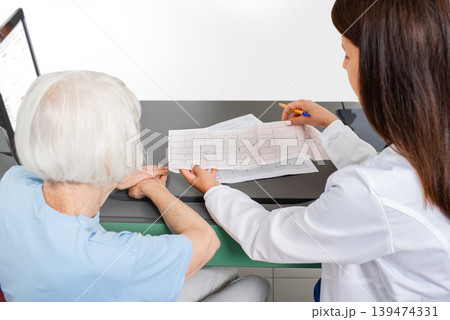 cardiologist consults an elderly woman on the results of an electrocardiogram. Heart attack, test results cardiologist consults an elderly woman on the results of an electrocardiogram. Heart attack, test results 139474331
