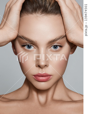 Caucasian woman with healthy moisturized facial skin and natural plump lips. Beauty face concept, high quality 139474501