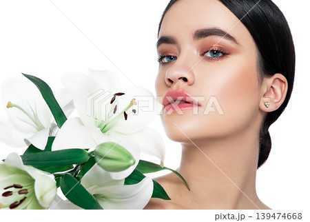 Best natural face, skincare and fresh makeup. Spa , cosmetology and beauty trends of makeup. Portrait of woman with shiny healthy skin and glitter eyeshadow Best natural face, skincare and fresh makeup. Spa , cosmetology and beauty trends of makeup. Portrait of woman with shiny healthy skin and glitter eyeshadow 139474668