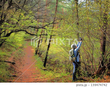 春の山道と木五倍子の花を撮る登山者（afr20260424070615） 139474742