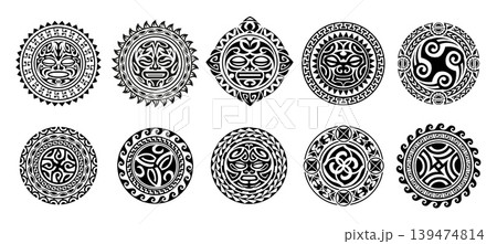 Circle round tribal maori tattoo with vector sun and warrior totem mask in ethnic pattern frame. Polynesian geometric ornament circles set with sun, moon, fish hook and koru spirals, maori tattoo art Circle round tribal maori tattoo with vector sun and warrior totem mask in ethnic pattern frame. Polynesian geometric ornament circles set with sun, moon, fish hook and koru spirals, maori tattoo art 139474814