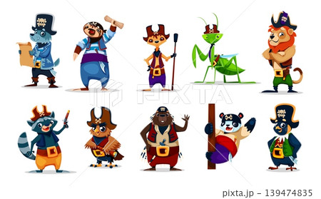 Cartoon animal pirate crew characters of wolf with treasure map, sloth with scroll, meerkat and mantis in pirate hats. Vector lion and raccoon with pistols, owl captain, beaver, panda animal corsairs Cartoon animal pirate crew characters of wolf with treasure map, sloth with scroll, meerkat and mantis in pirate hats. Vector lion and raccoon with pistols, owl captain, beaver, panda animal corsairs 139474835