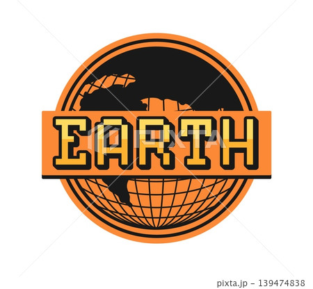 Earth planet globe Y2K groovy sticker or tag. Earth Y2K vector wireframe globe patch, funky mesh sphere tag. World globus label or terrestrial sphere sticker with gold metallic typography text 139474838