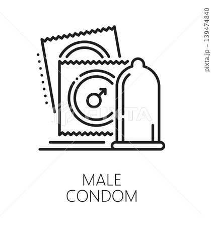 Male condom contraception method line icon or label. Family planning vector icon, contraception and STI protection method outline symbol. Pregnancy prevention pictogram or sign with condom package 139474840