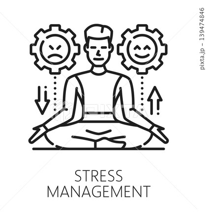 Stress management life skills line icon or emblem. People potential thin line vector pictogram, personal ability linear sign. Human life skills outline icon or symbol with meditating in lotus pose man 139474846