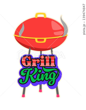 Barbeque grill king, BBQ cooking retro Y2K sticker or symbol. Barbeque equipment and accessories store vector sticker or Y2K label. Steakhouse grill menu tag with BBQ grill, smoke and typography 139474847
