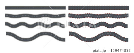 Top view road. Flat highway. Asphalt horizontal straight and curves, winding, wavy car path with dashed lines. City street route pattern, country map roadway. Vector set 139474852