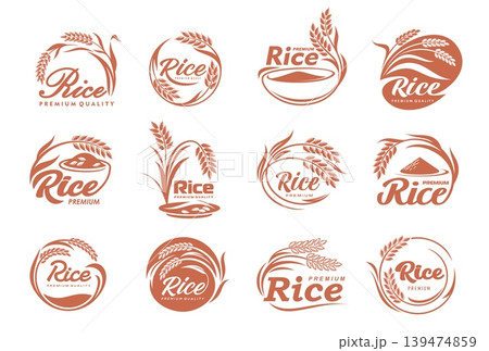 Asian rice ear icons or cereal plants with grains and leaves vector silhouettes. Paddy farm field, agriculture crop harvest, food isolated round symbols with rice bowls, cereal ears, seeds and grains Asian rice ear icons or cereal plants with grains and leaves vector silhouettes. Paddy farm field, agriculture crop harvest, food isolated round symbols with rice bowls, cereal ears, seeds and grains 139474859