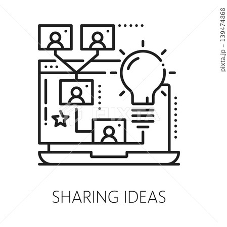 Online education sharing idea line icon or pictogram. Distance training classes lineart symbol, e-learning outline vector icon. Online education school sign with laptop, users avatars and idea bulb Online education sharing idea line icon or pictogram. Distance training classes lineart symbol, e-learning outline vector icon. Online education school sign with laptop, users avatars and idea bulb 139474868