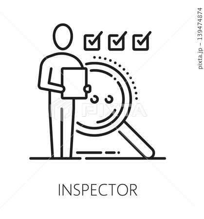 Quality control inspector inspection line icon or symbol. Regulation control symbol, quality approval vector pictogram. Factory standards inspection sign or icon with inspector person 139474874