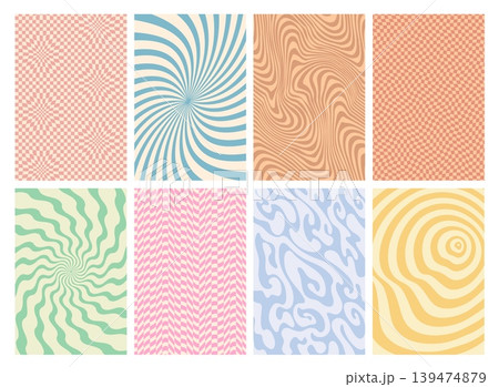 Psychedelic retro groovy hippie pattern backgrounds. Vector set of colorful abstract optical illusion and wavy patterns, featuring swirls, checkers, stripes, and organic shapes in pastel shades 139474879