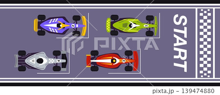 Race road with car. Formula sport start. Cartoon racing cars on asphalt speedway racetrack top view. Different auto on start finish line. Championship and competition. Vector concept Race road with car. Formula sport start. Cartoon racing cars on asphalt speedway racetrack top view. Different auto on start finish line. Championship and competition. Vector concept 139474880