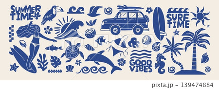 Hawaii summer elements. Tropical sea surf stickers. Vintage exotic beach shapes. Hand drawn palm, shell, turtle, sun, car, ocean wave, bird. Vector label set 139474884