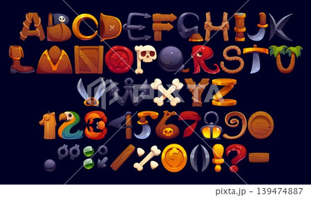Cartoon Caribbean pirates font, corsair typeface letters. Vector English alphabet and number set with ropes, cannons, swords, and gold coins. Nautical abc for kid games, treasure maps or adventures Cartoon Caribbean pirates font, corsair typeface letters. Vector English alphabet and number set with ropes, cannons, swords, and gold coins. Nautical abc for kid games, treasure maps or adventures 139474887